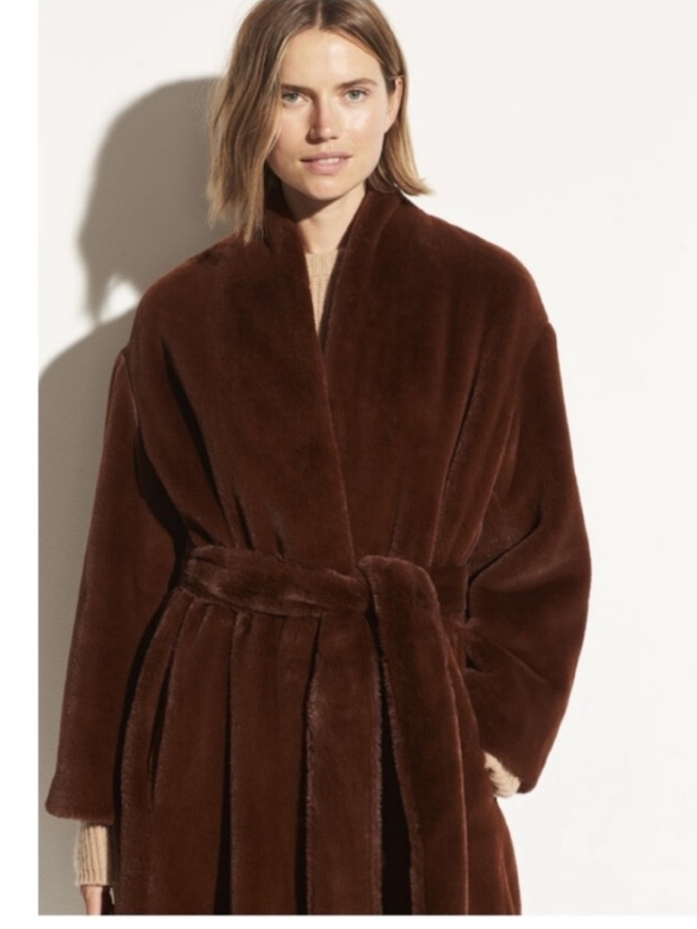 🤎Vince !! Belted Faux Fur Coat in Rich Brown